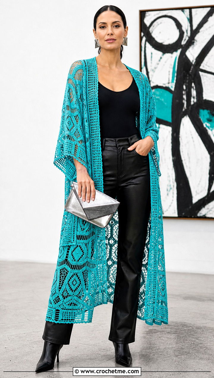 Geometric Crochet Lace Kimono With Leather Pants - 25 crochet lace kimono outfit ideas