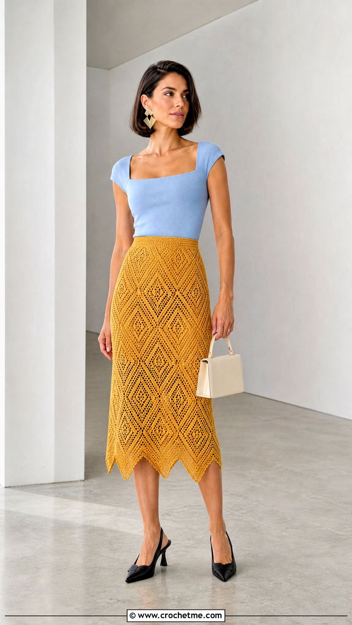 Geometric Crochet Lace Skirt With Square Neck Top - 35 crochet lace skirt outfit ideas