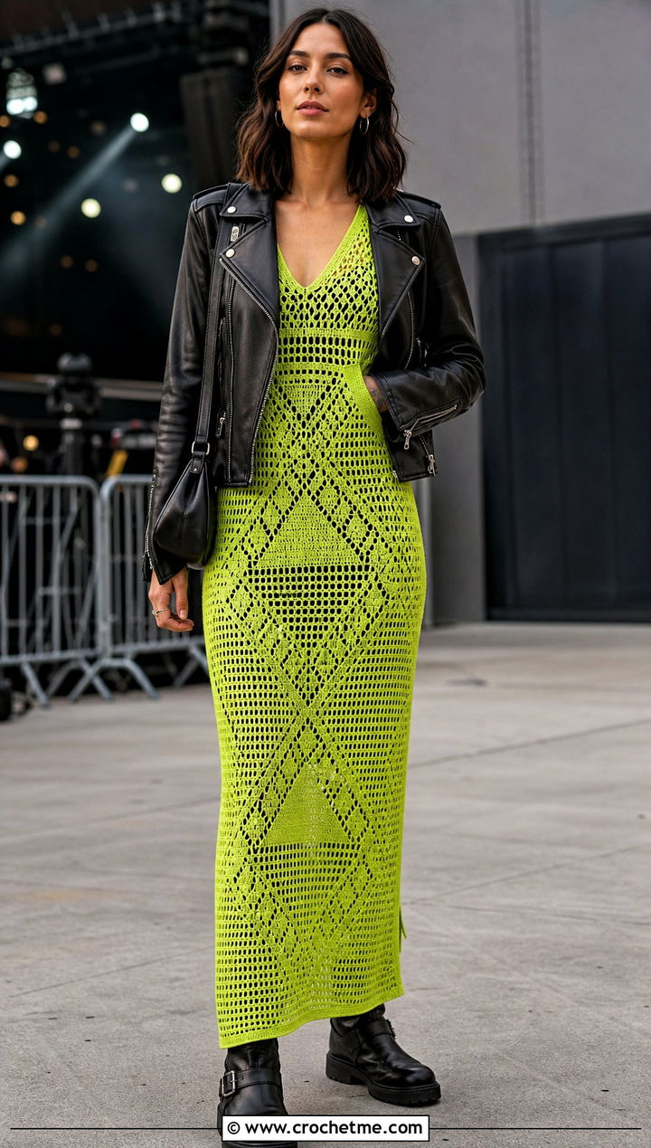 Geometric Crochet Long Dress With Moto Boots - 25 Crochet Long Dresses outfit ideas