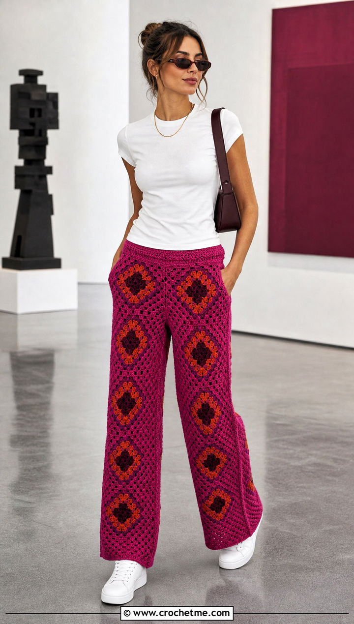 Geometric Crochet Long Pants With Minimalist T Shirt - 30 Crochet Long Pants outfit ideas