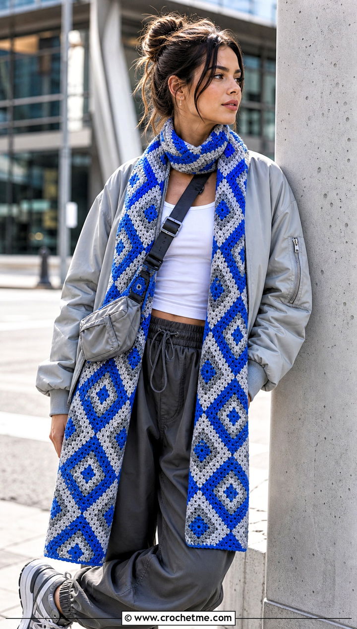 Geometric Crochet Long Scarf With Bomber Jacket And Parachute Pants - 25 Crochet Long Scarf outfit ideas