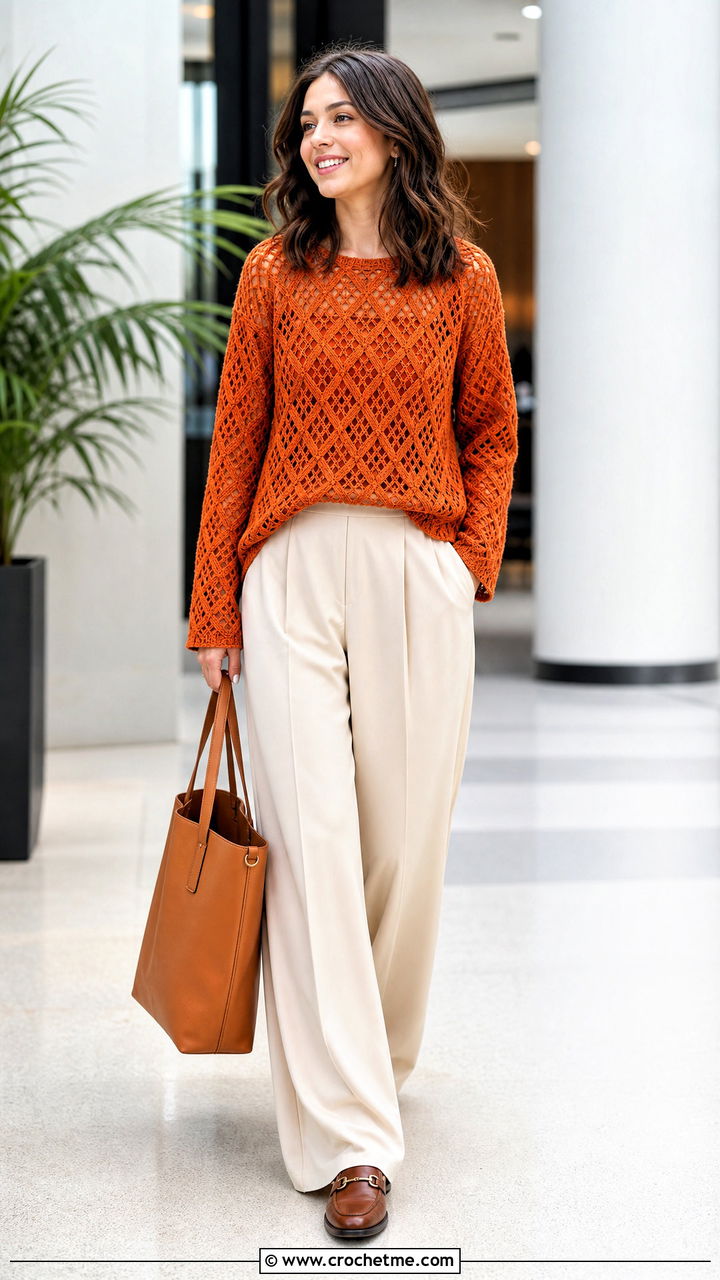 Geometric Crochet Long Sleeve Top With Pleated Trousers - 35 crochet long sleeve top outfit ideas