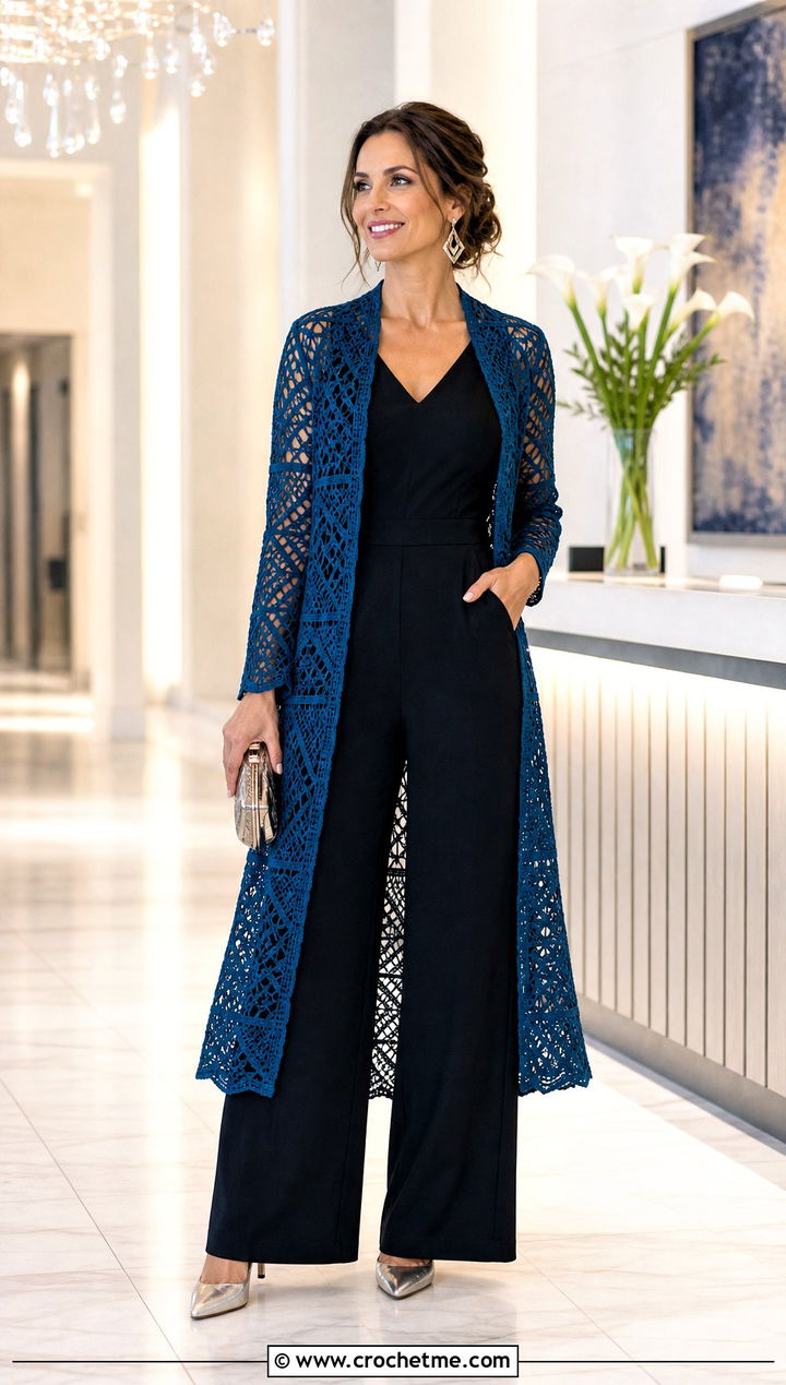Geometric Crochet Long Sweater With Evening Jumpsuit - 35 crochet long sweater outfit ideas