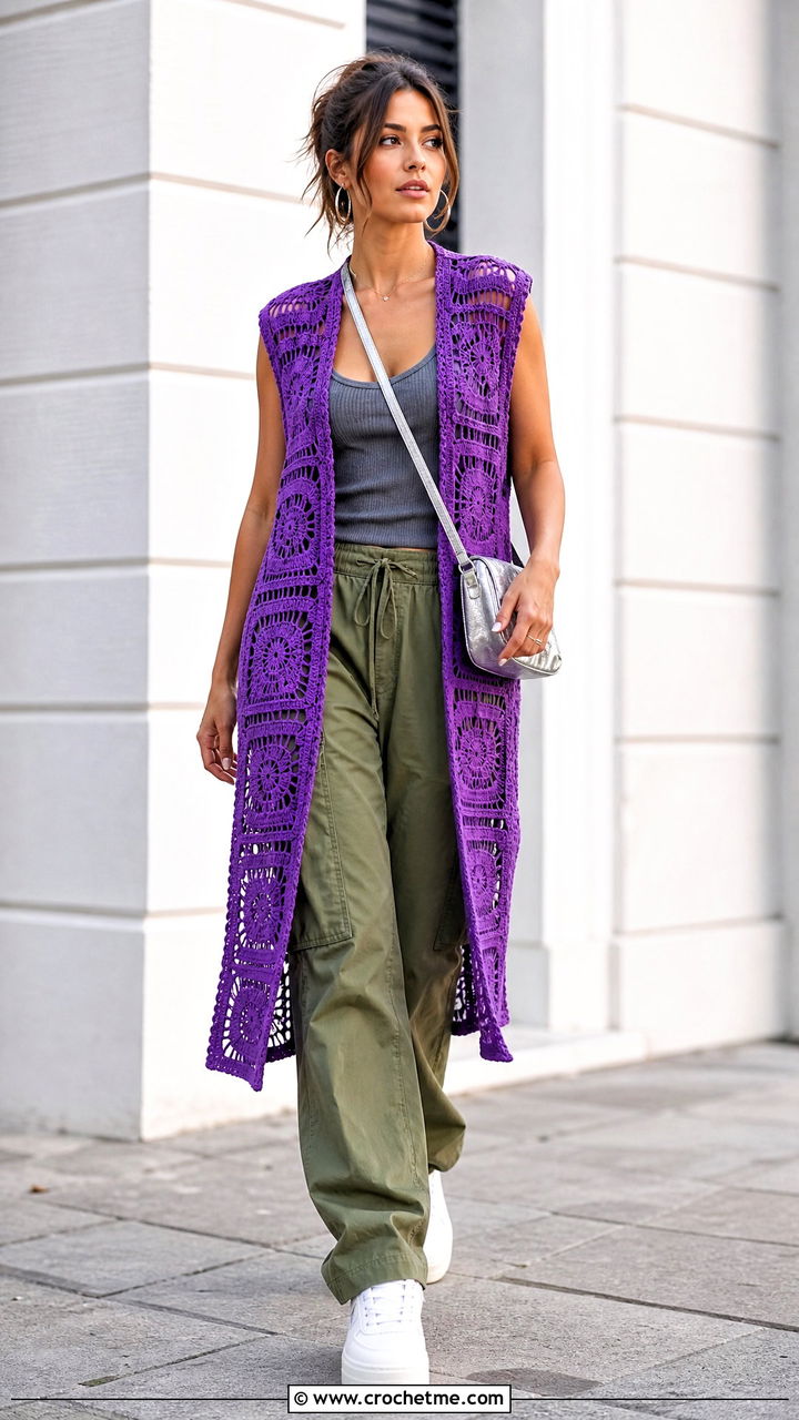 Geometric Crochet Long Vest With Cargo Pants - 35 Crochet Long Vest outfit ideas