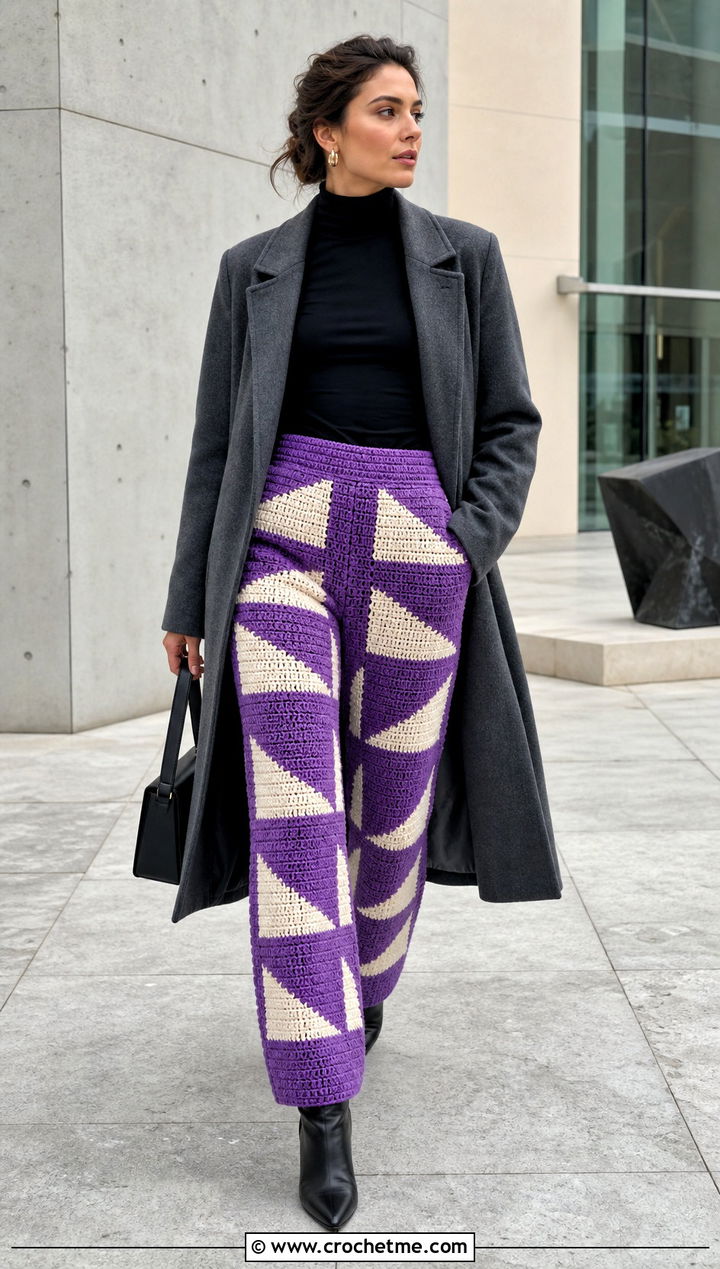 Geometric Crochet Lounge Pants With A Minimalist Turtleneck - 30 crochet lounge pants outfit ideas