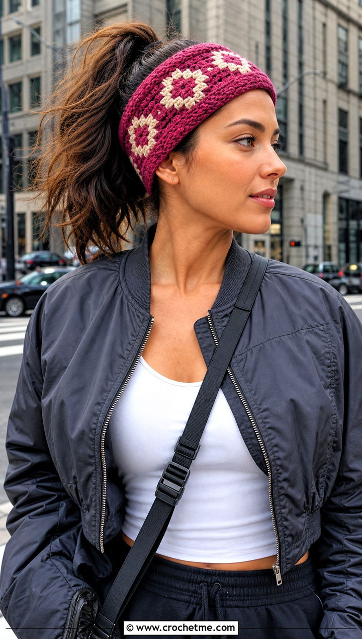 Geometric Crochet Makeup Headband With Bomber Jacket And Parachute Pants - 25 Crochet Makeup Headband outfit ideas