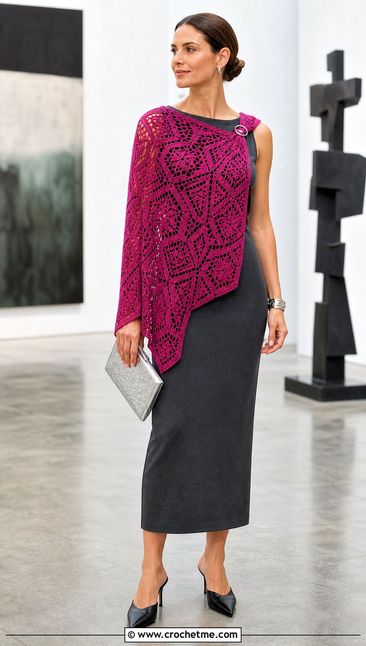 Geometric Crochet Mandala Shawl With Column Dress - 25 Crochet Mandala Shawl outfit ideas