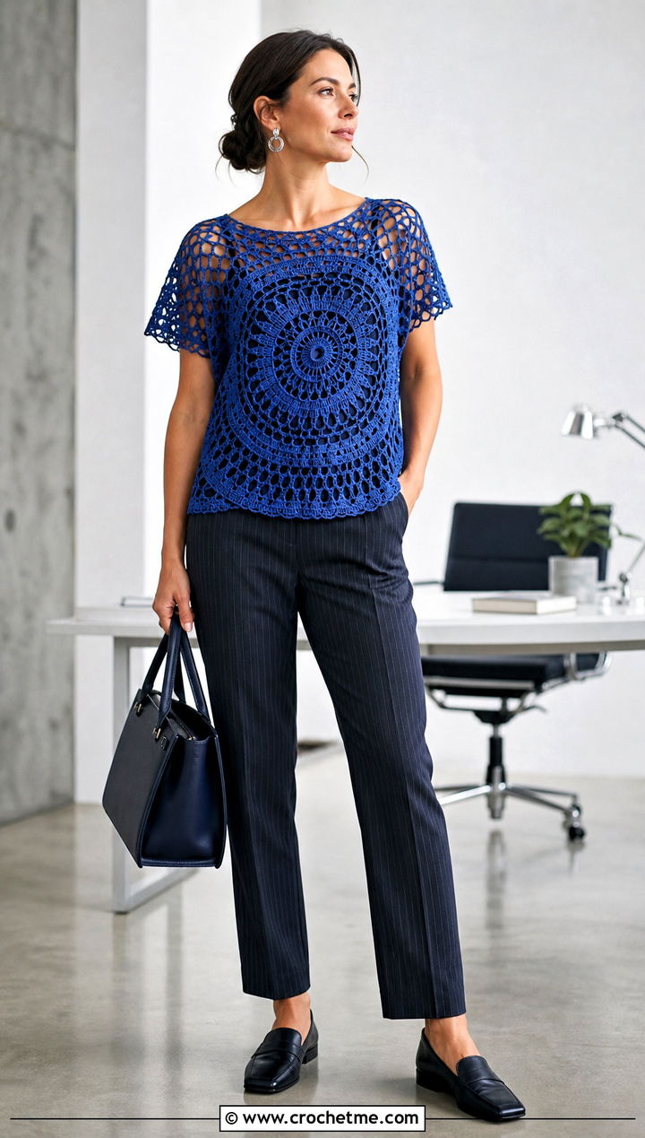 Geometric Crochet Mandala Top With Pinstripe Pants - 35 crochet mandala top outfit ideas