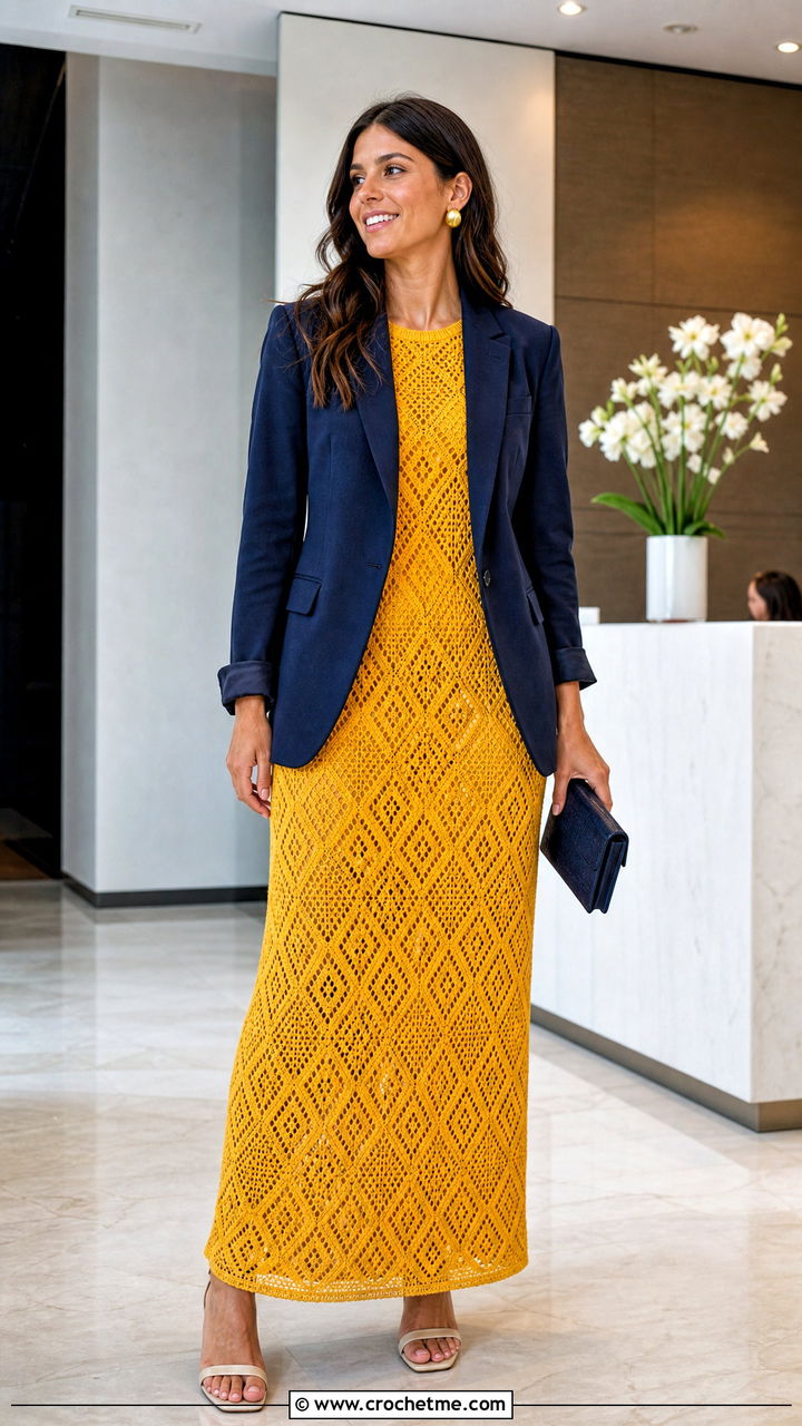 Geometric Crochet Maxi Dress With Tailored Blazer - 35 crochet formal dress outfit ideas