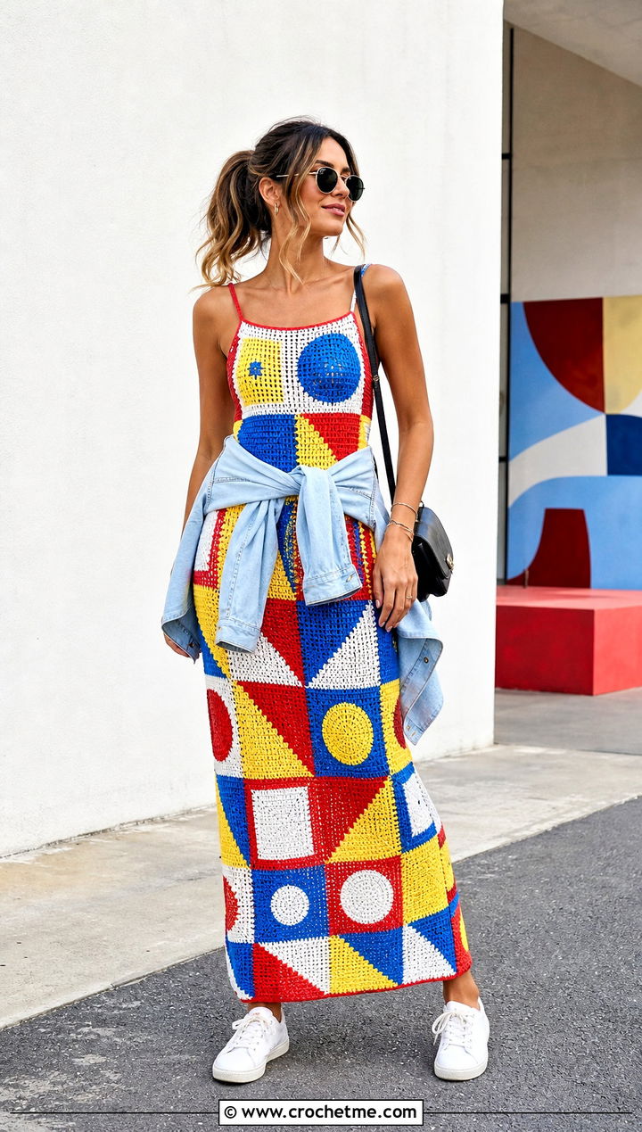 Geometric Crochet Maxi Dress With White Sneakers - 25 crochet 60s dress outfit ideas