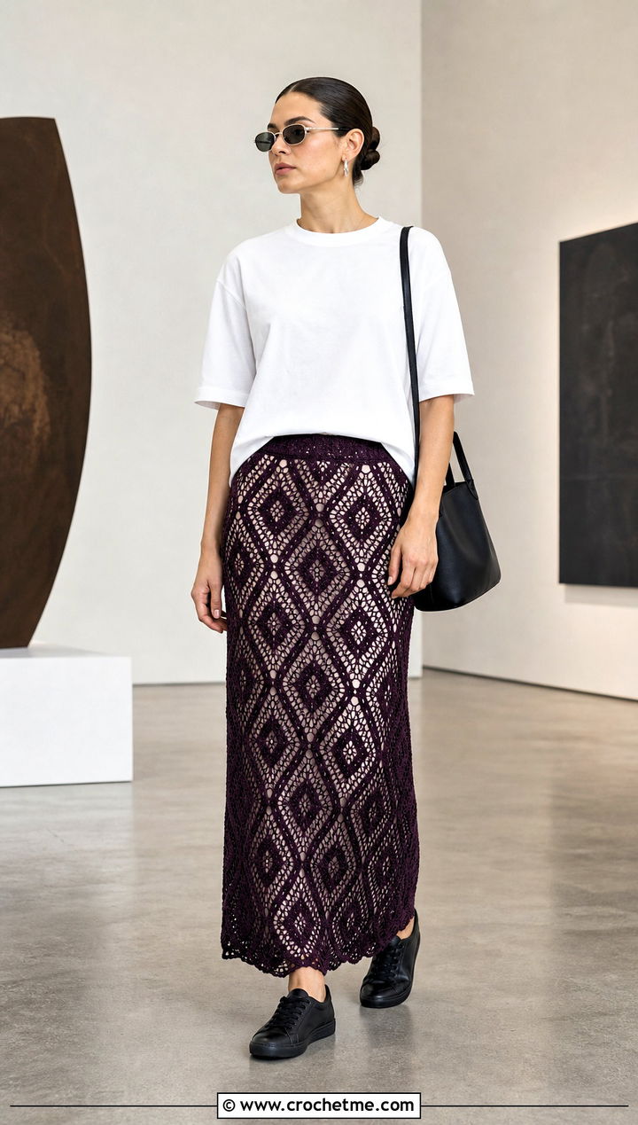Geometric Crochet Maxi Skirt With Boxy T Shirt - 30 crocheted maxi skirt outfit ideas
