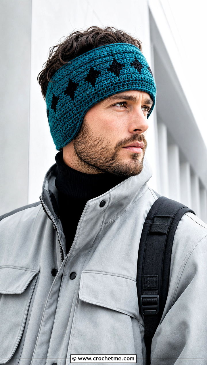 Geometric Crochet Mens Ear Warmer With Utility Jacket - 25 Crochet Mens Ear Warmer outfit ideas