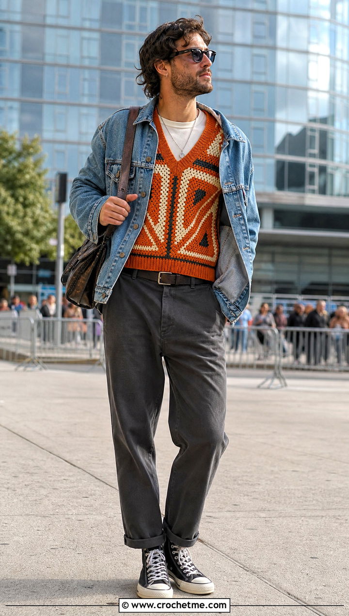 Geometric Crochet Mens Sweater Vest With Denim Jacket - 25 crochet mens sweater vest outfit ideas