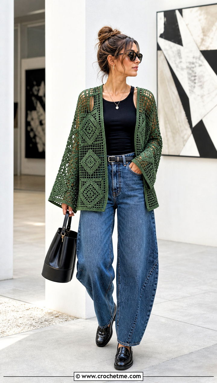 Geometric Crochet Mesh Cardigan With Barrel Leg Jeans - 35 crochet mesh cardigan outfit ideas