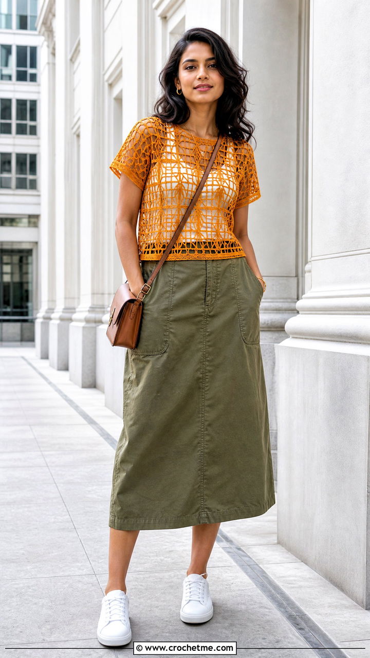 Geometric Crochet Mesh Top With Utility Skirt - 35 crochet mesh top outfit ideas