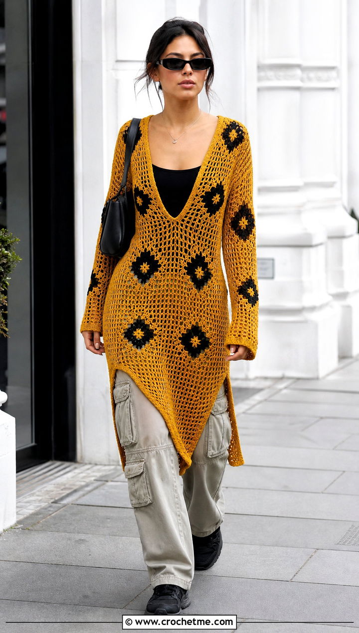 Geometric Crochet Midi Beach Dress With Cargo Pants - 20 Long Sleeve Crochet Beach Dress outfit ideas