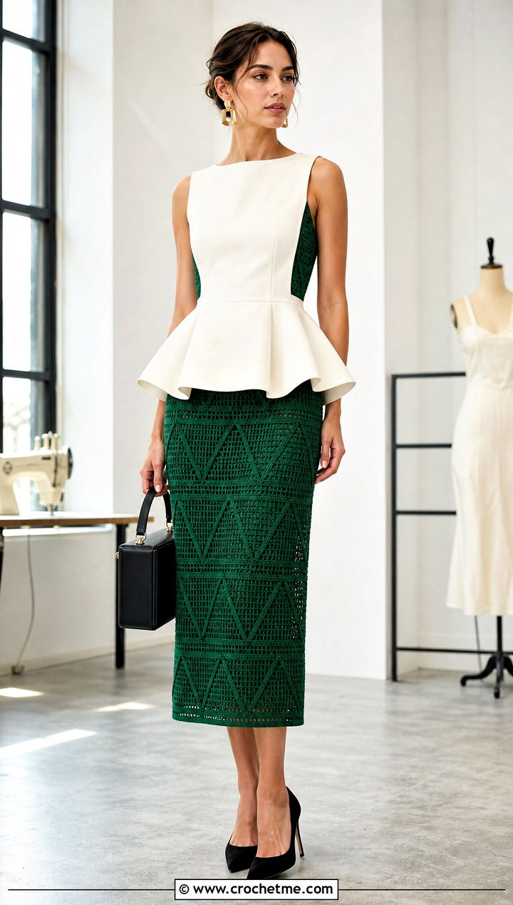 Geometric Crochet Midi Skirt Set With Peplum Top - 35 Crochet Skirts Set Outfit ideas