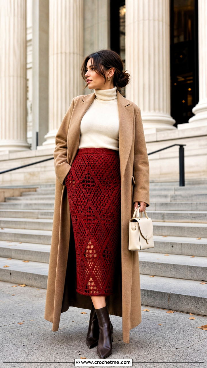 Geometric Crochet Midi Skirt With Turtleneck - 35 crochet midi skirt outfit ideas