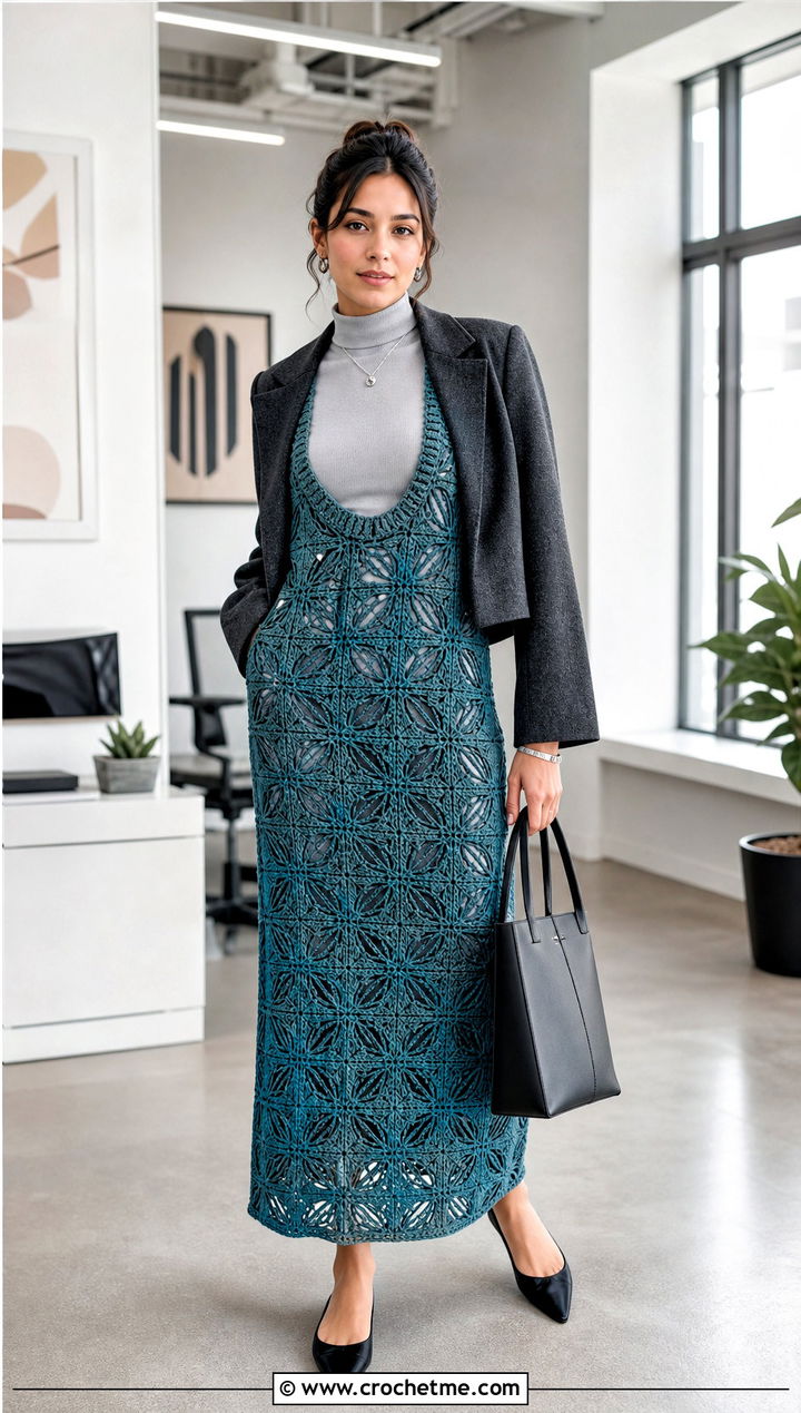Geometric Crochet Overall Dress With Fitted Bodysuit - 35 Crochet Overall Dress outfit ideas