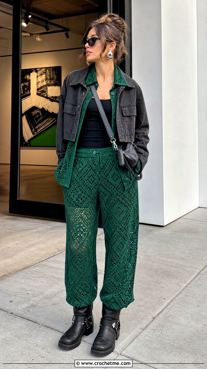 Geometric Crochet Pajama Set With Moto Boots - 35 crochet pajama set outfit ideas