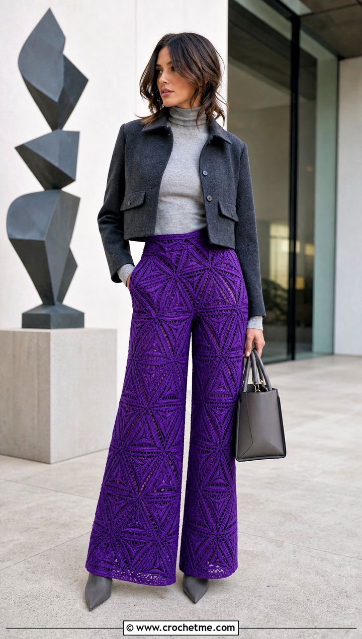 Geometric Crochet Palazzo Pants With Fitted Turtleneck - 30 crochet palazzo pants outfit ideas