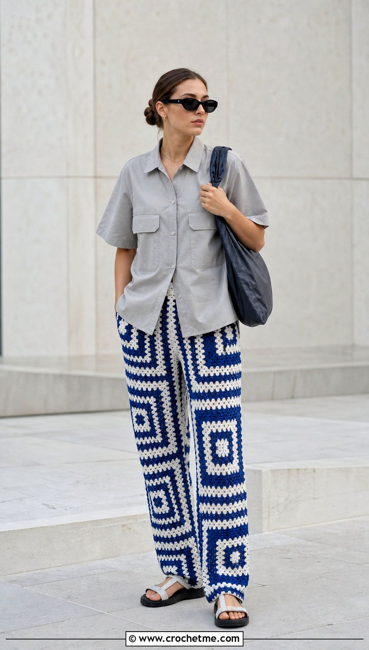 Geometric Crochet Pants With A Utility Shirt - 35 Summer Crochet Pants Outfit ideas