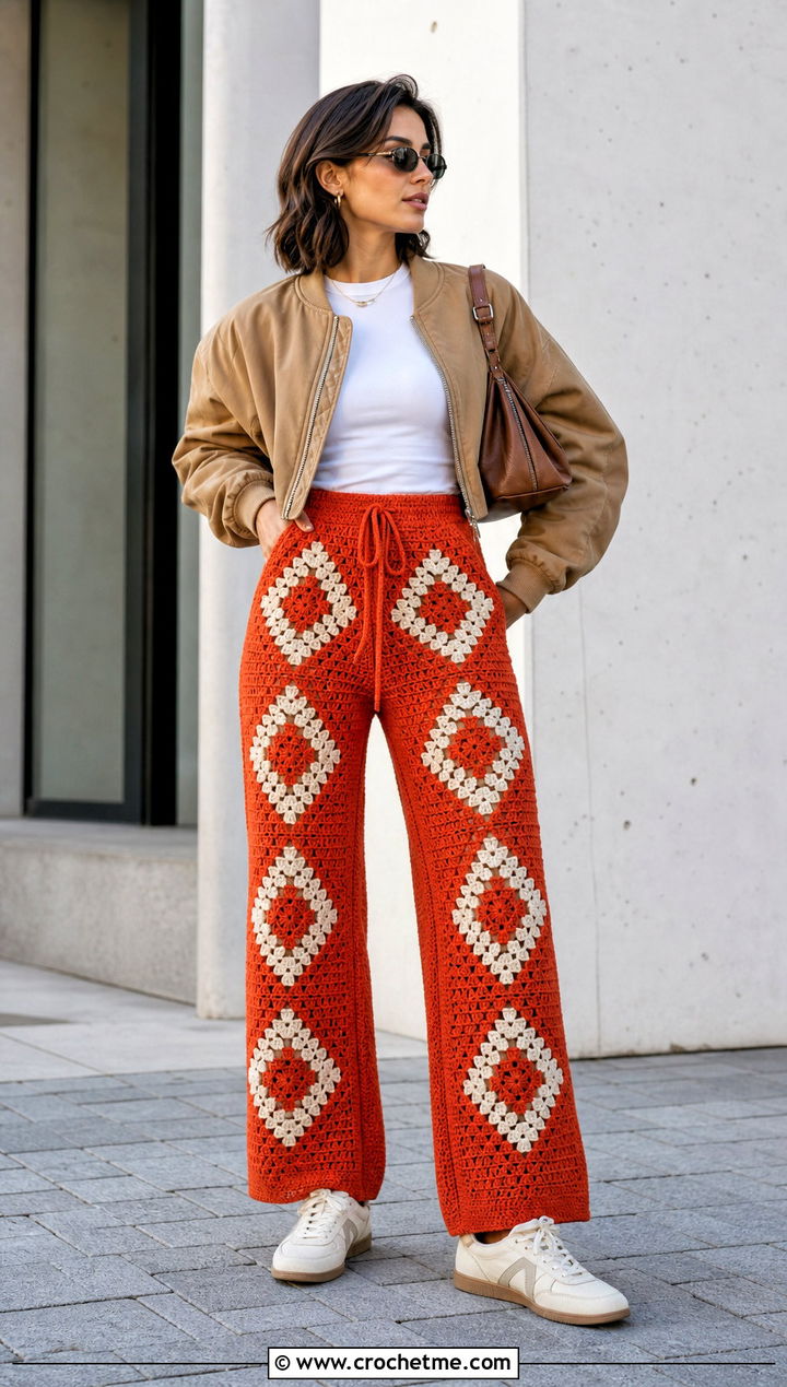 Geometric Crochet Pants With Bomber Jacket - 30 Crochet Pant Outfit ideas