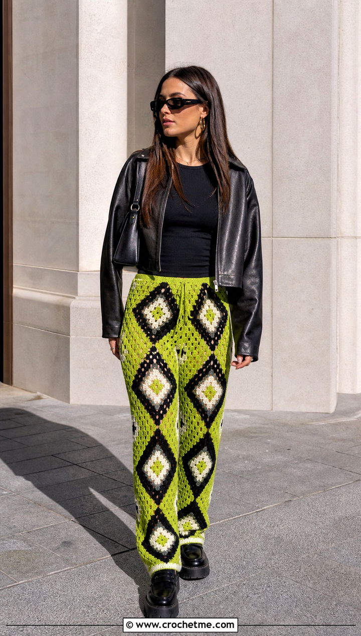Geometric Crochet Pants With Leather Jacket - 25 colorful crochet pants outfit ideas