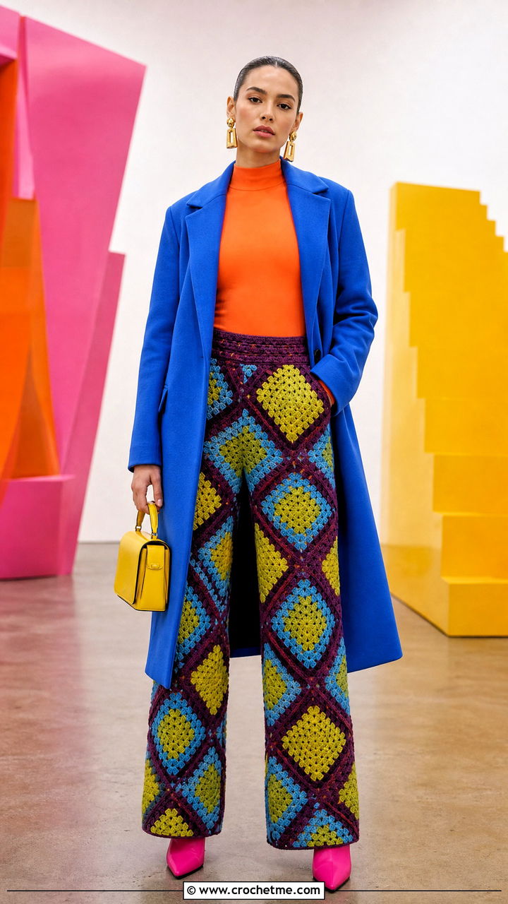 Geometric Crochet Pants With Mock Neck Top - 35 crochet pants outfit ideas