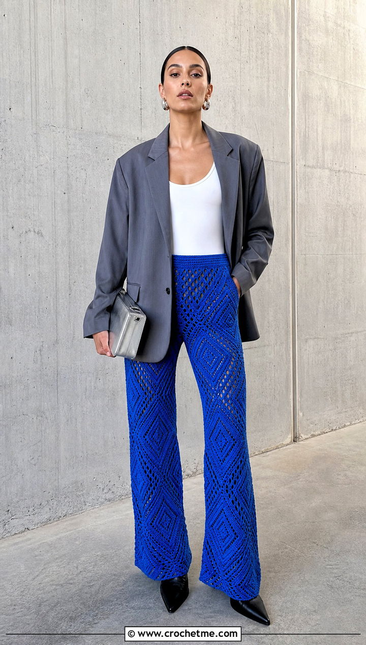Geometric Crochet Pants With Oversized Blazer - 20 crochet pants women outfit ideas