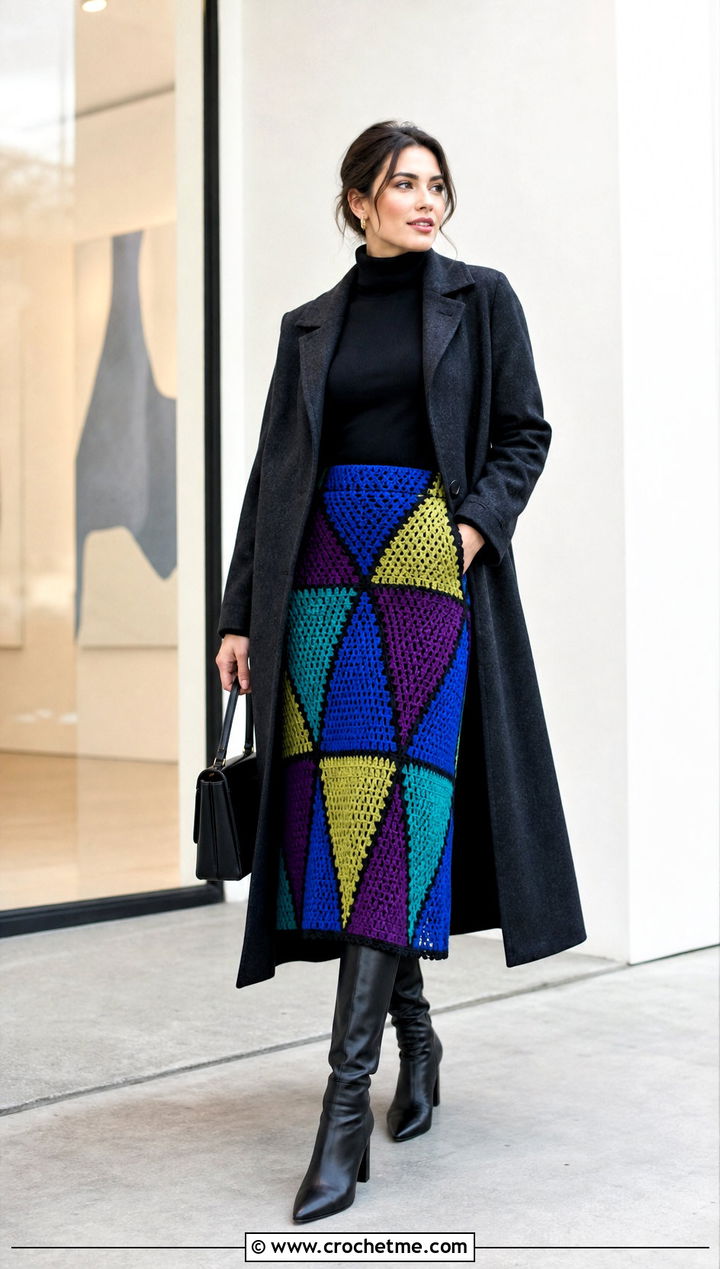 Geometric Crochet Patchwork Skirt With Black Turtleneck - 30 crochet patchwork skirt outfit ideas