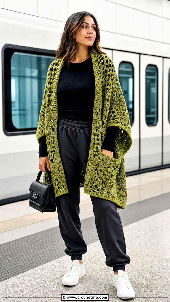 Geometric Crochet Pocket Shawl With Track Pants - 35 crochet pocket shawl outfit ideas