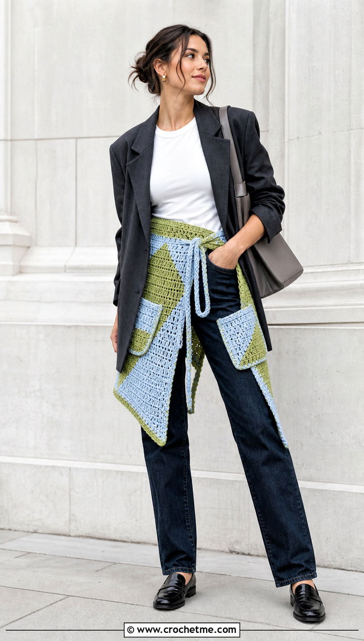 Geometric Crochet Pocket Wrap With Blazer And Jeans - 35 crochet wrap with pockets outfit ideas
