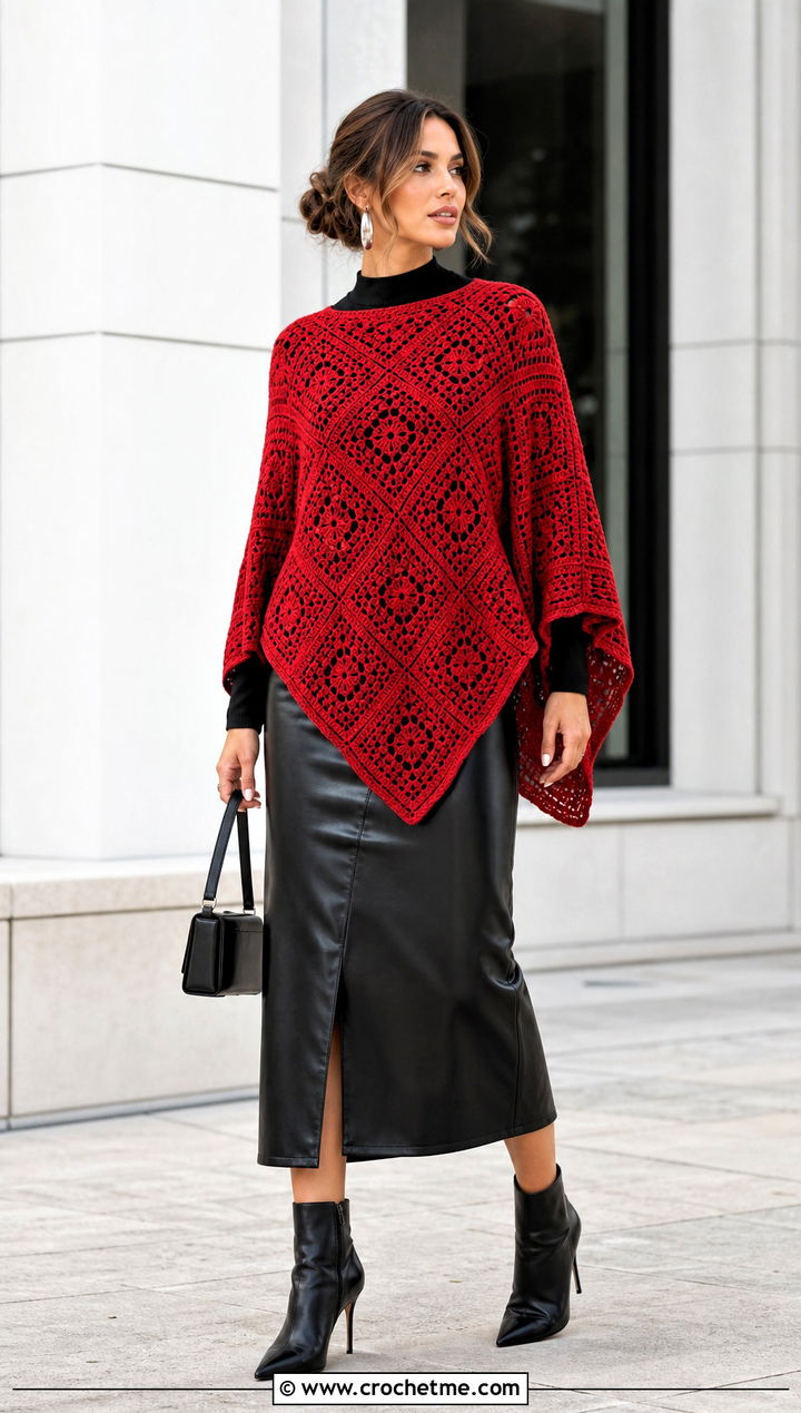 Geometric Crochet Poncho Top With a Leather Midi Skirt - 25 Crochet Poncho Top outfit ideas