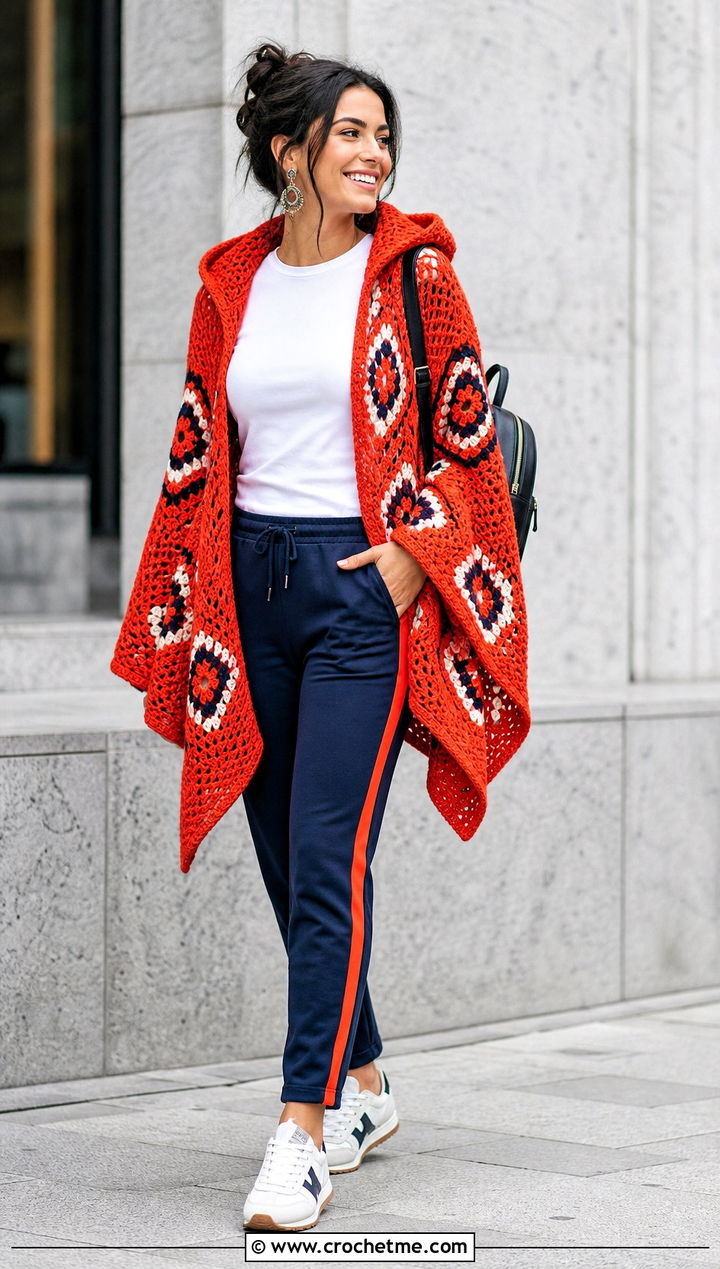 Geometric Crochet Poncho With Hood And Track Pants - 35 crochet poncho with hood outfit ideas