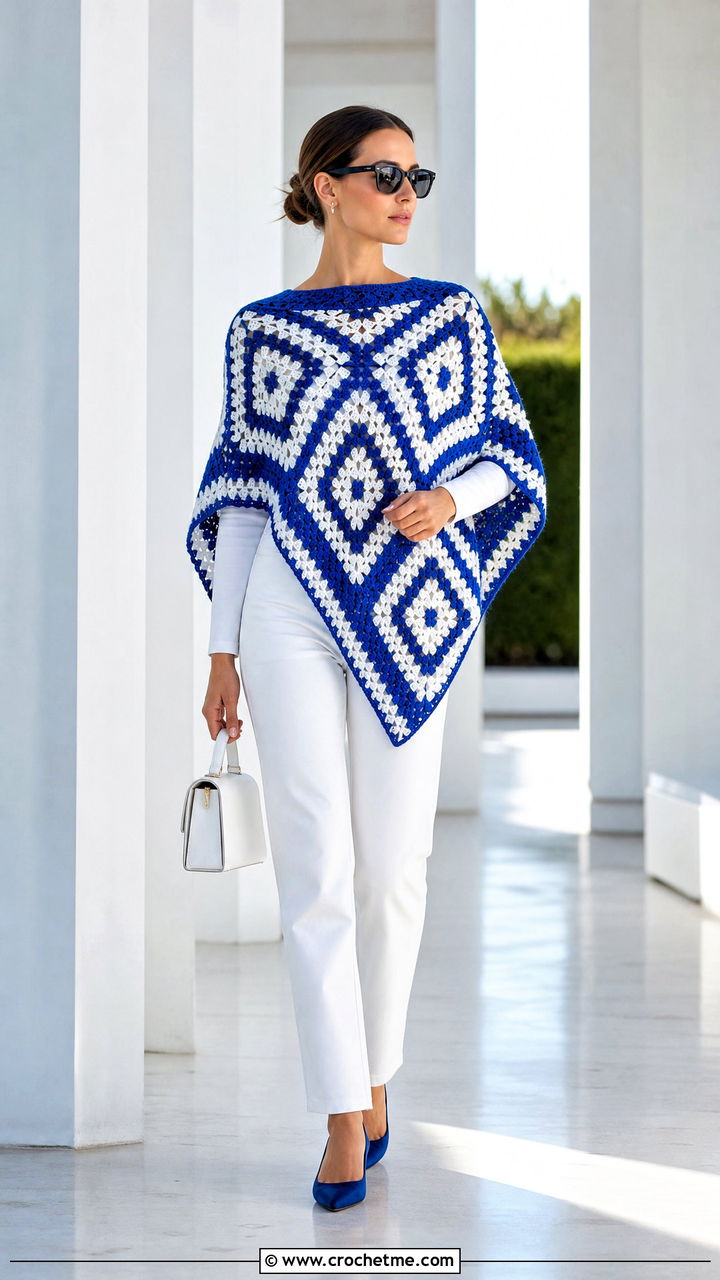 Geometric Crochet Poncho With Monochrome Basics - 35 crochet poncho woman outfit ideas