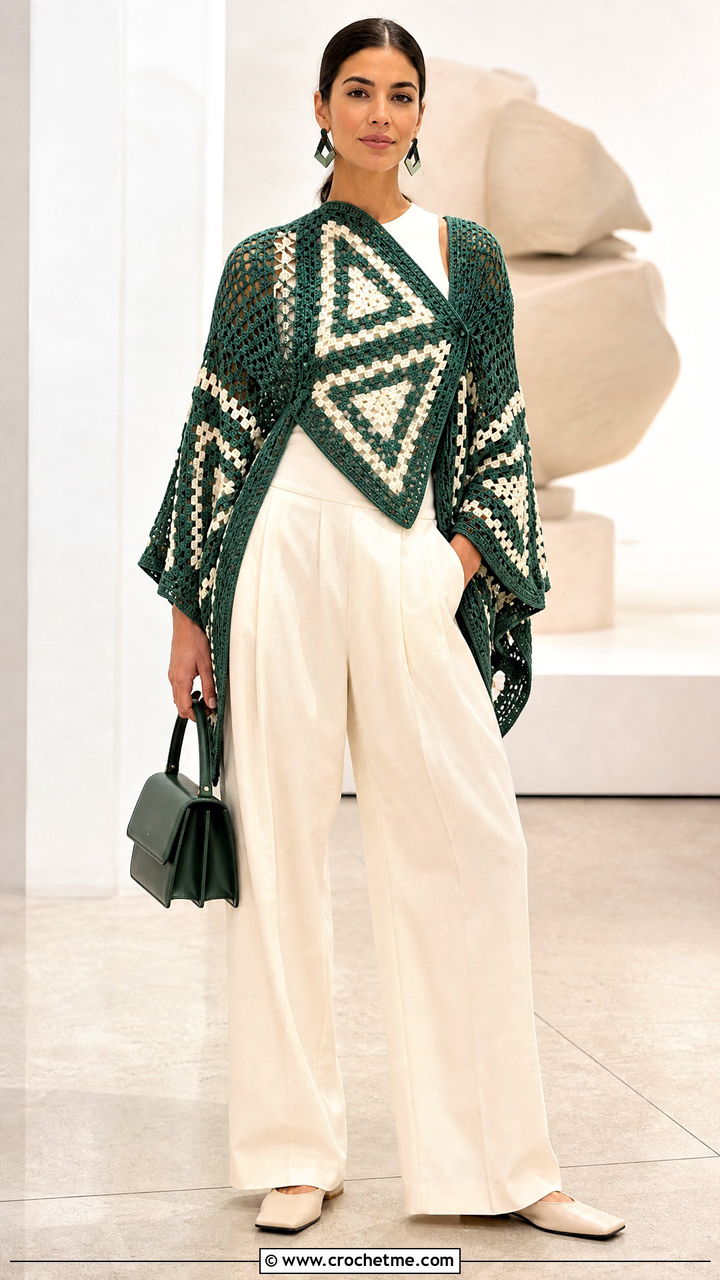 Geometric Crochet Poncho With Pleated Pants - 35 easy crochet poncho outfit ideas