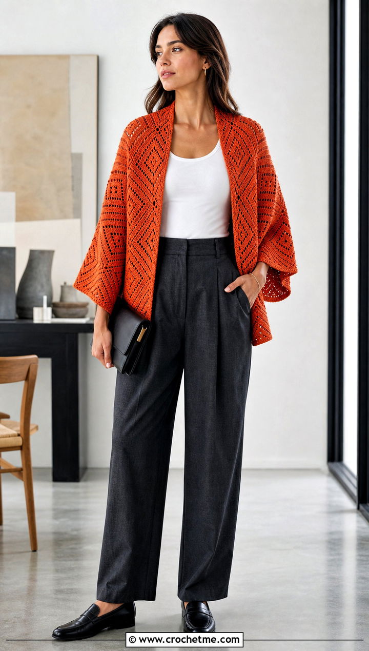 Geometric Crochet Poncho With Sleeves And Pleated Trousers - 30 crochet poncho with sleeves outfit ideas