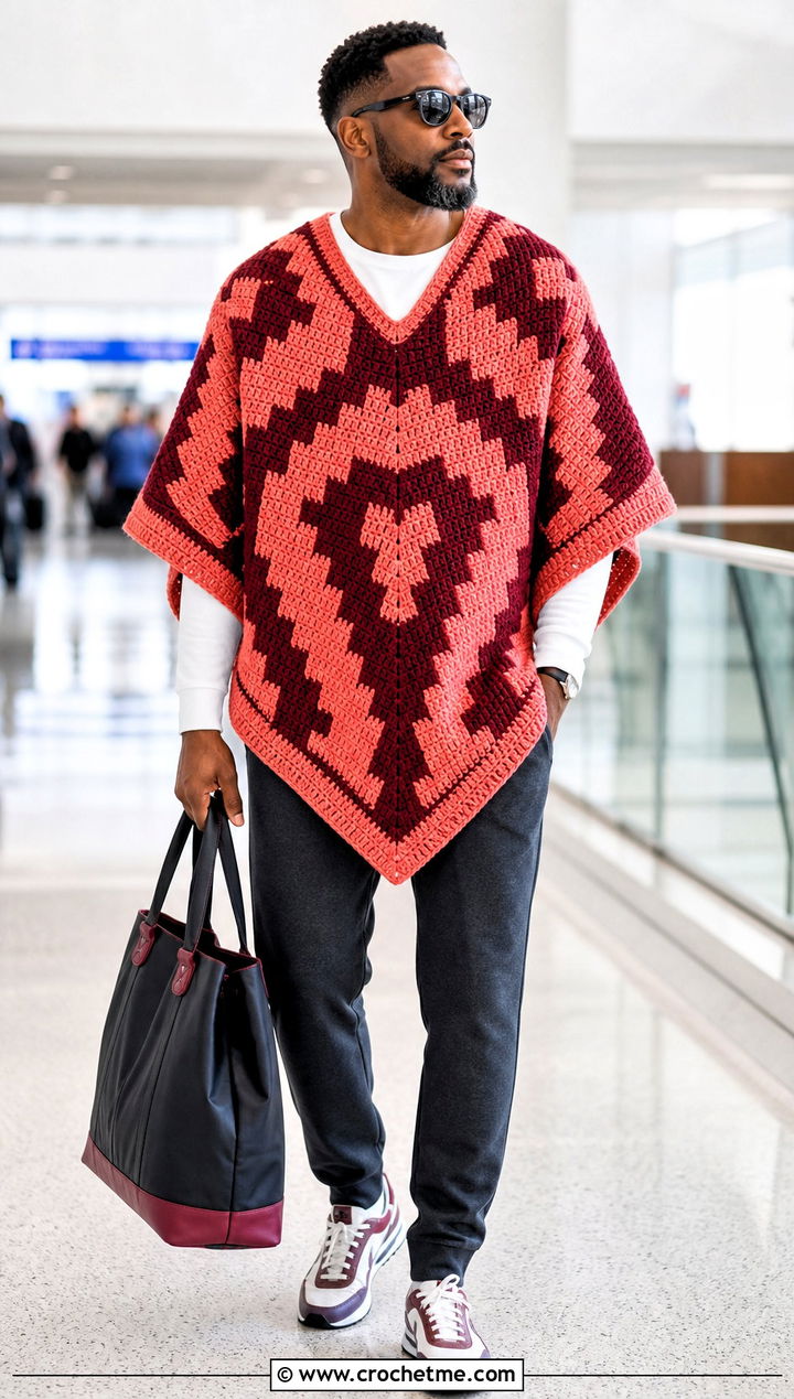 Geometric Crochet Poncho With Tailored Joggers - 25 mens crochet poncho outfit ideas