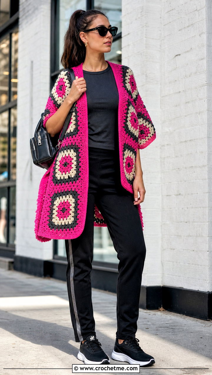 Geometric Crochet Poncho With Track Pants - 25 ladies crochet poncho outfit ideas