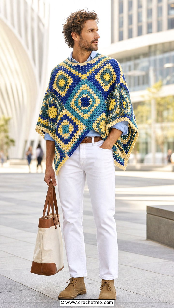 Geometric Crochet Poncho With White Jeans - 30 men crochet poncho outfit ideas