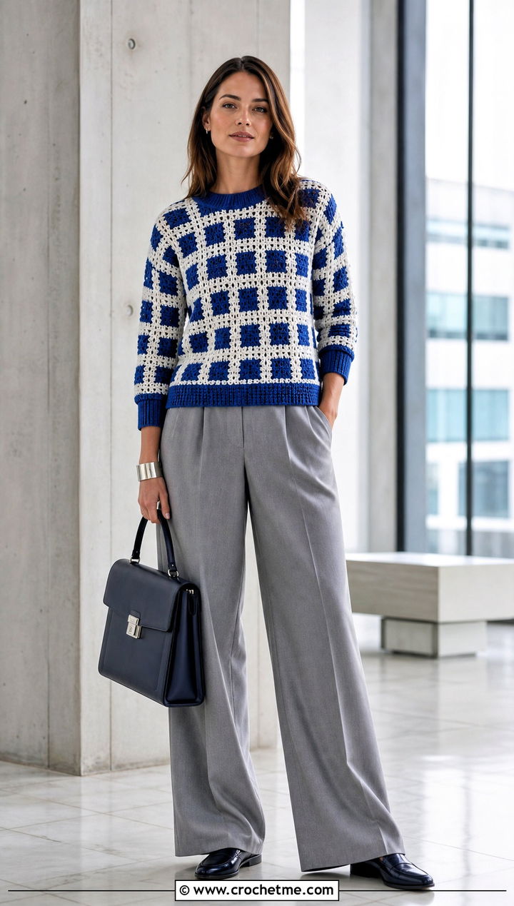 Geometric Crochet Pullover With Suit Trousers - 25 women crochet pullover outfit ideas