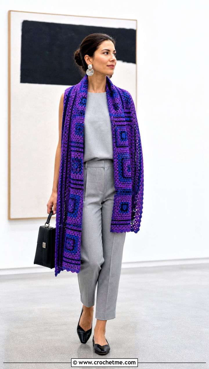 Geometric Crochet Rectangle Shawl With Minimalist Separates - 35 Crochet Rectangle Shawl outfit ideas