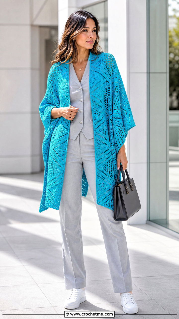 Geometric Crochet Ruana With Monochrome Suit - 35 crochet ruana outfit ideas