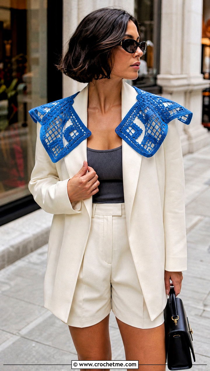 Geometric Crochet Sailor Collar With Blazer And Shorts Set - 30 crochet sailor collar outfit ideas