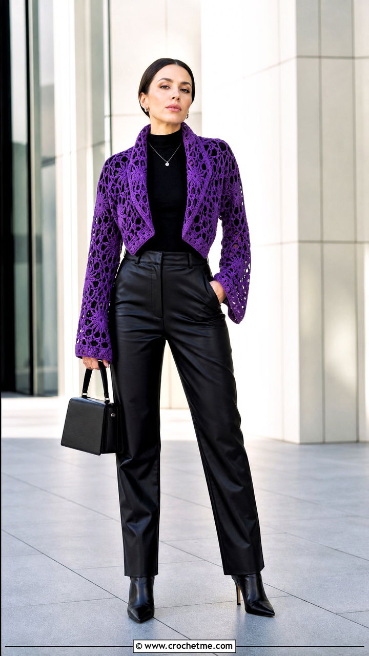 Geometric Crochet Scarf With Sleeves And Leather Pants - 35 crochet scarf with sleeves outfit ideas