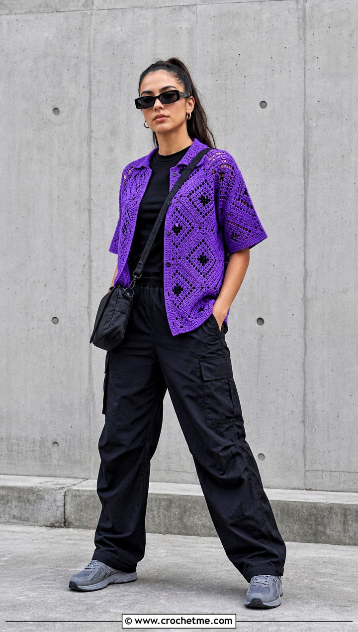 Geometric Crochet Shirt With Black Cargo Pants - 30 crochet unisex shirt outfit ideas