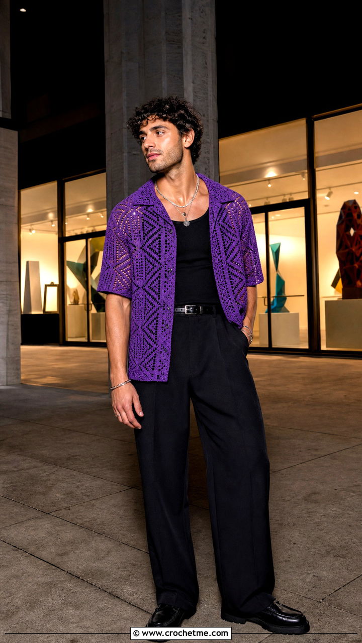 Geometric Crochet Shirt With Black Trousers - 35 crochet mens shirt outfit ideas