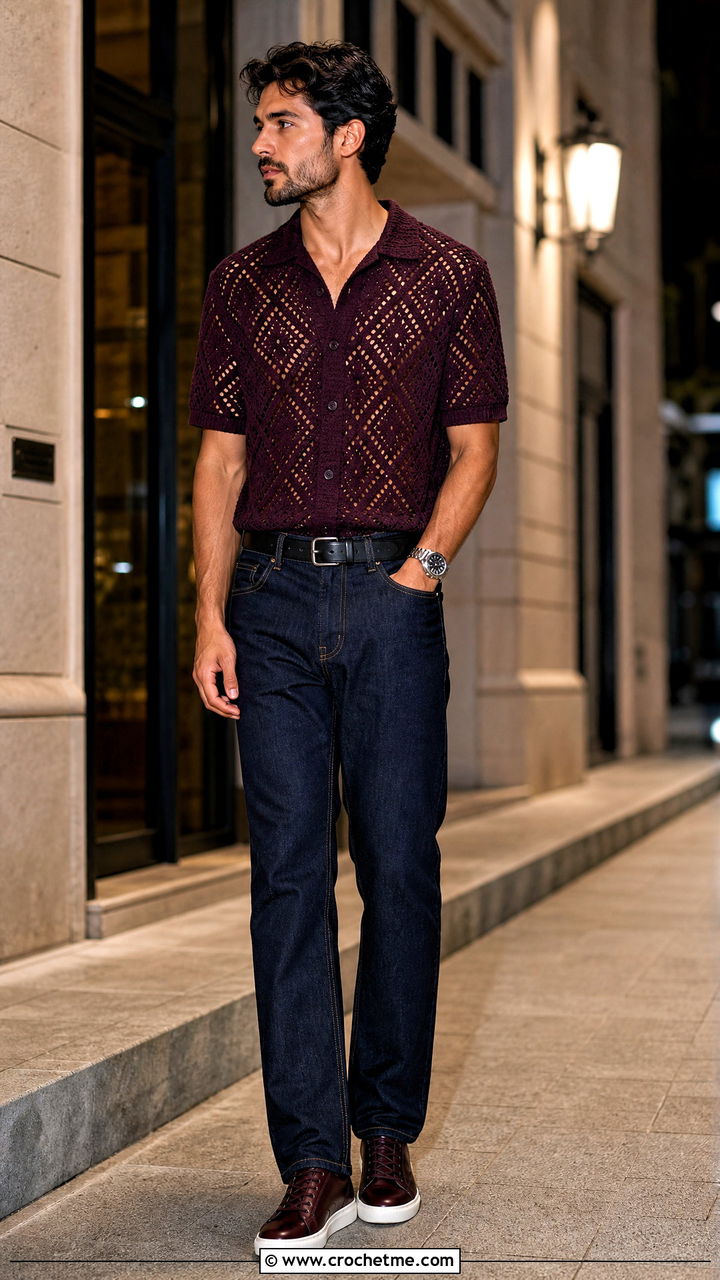 Geometric Crochet Shirt With Dark Denim - 35 mens crochet shirt outfit ideas