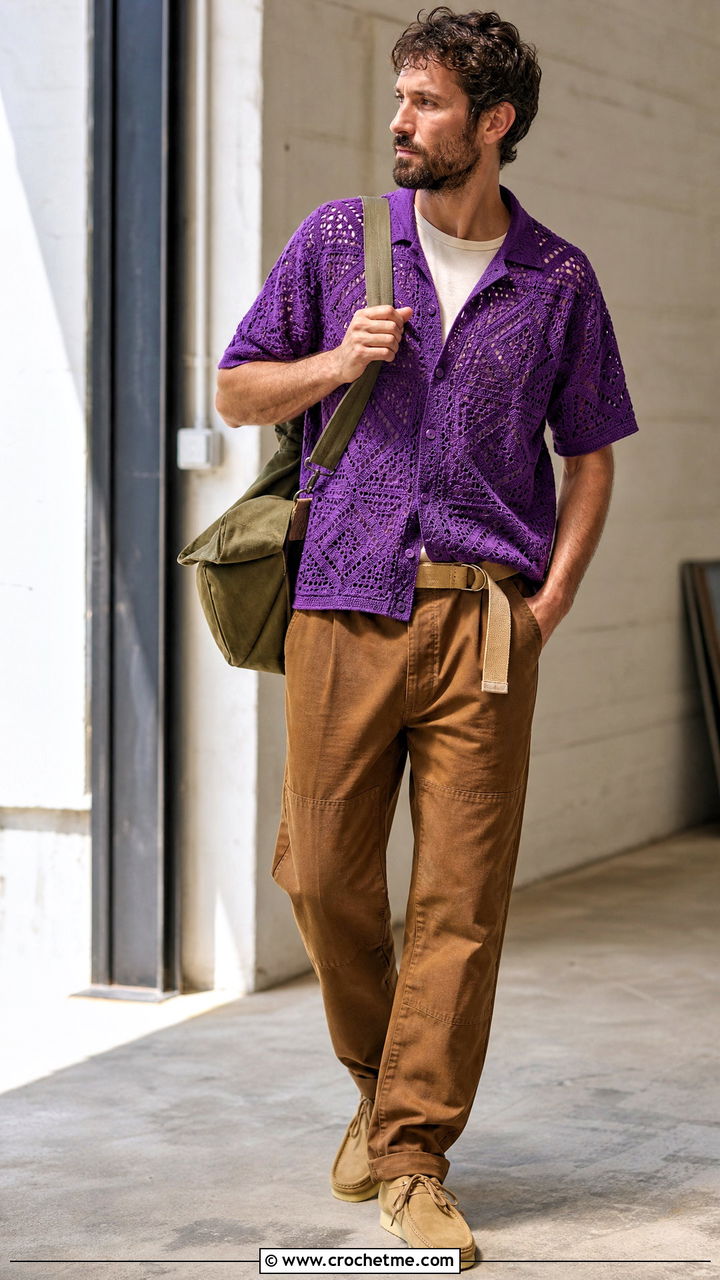 Geometric Crochet Shirt With Double Knee Pants - 35 crochet men shirt outfit ideas